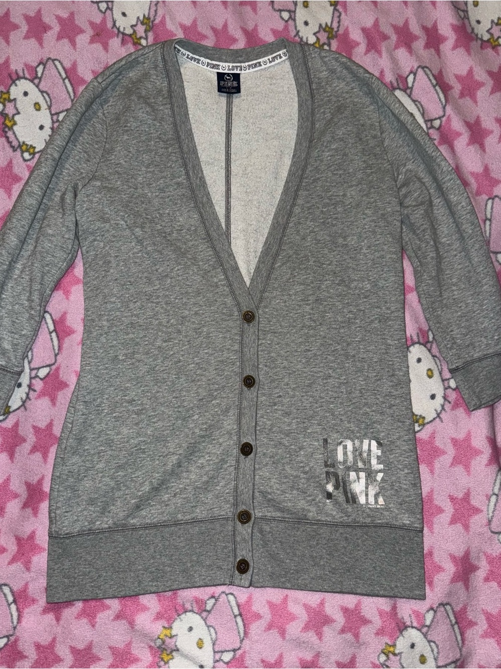 PINK Victoria's Secret Gray Button-Front Cardigan with Silver Logo